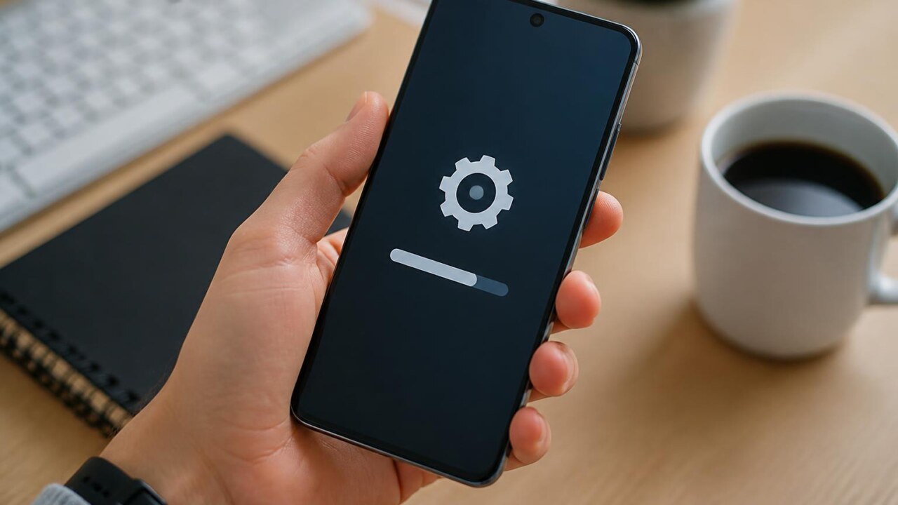 Pessoa segurando um smartphone mostrando a tela de atualização de software.
