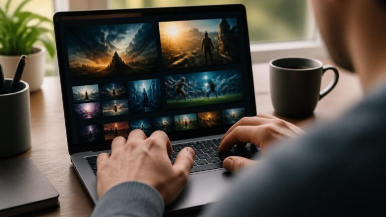 Pessoa verificando notícia de videogame em laptop, com páginas de jogos abertas na tela