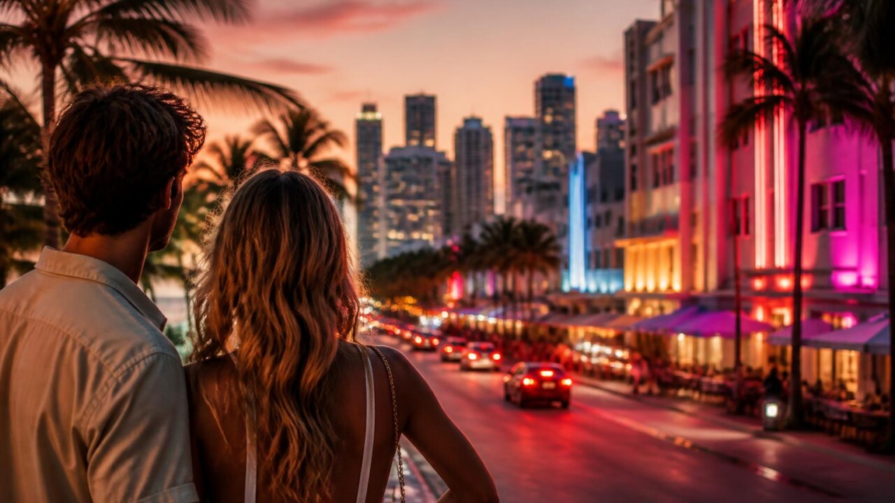Cena de Vice City de Grand Theft Auto VI com dois protagonistas em uma cidade costeira ao entardecer