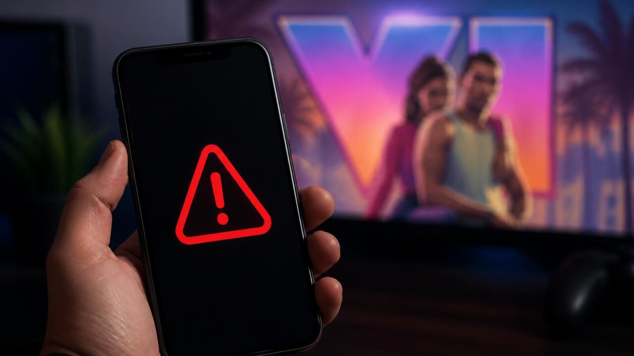 Celular com alerta de segurança e logo de GTA 6 ao fundo desfocado