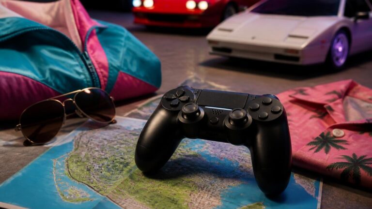 Controle de videogame sobre mapa estilizado de Vice City com carros e roupas ao fundo