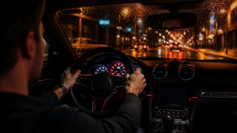 Imagem conceitual de jogo em primeira pessoa mostrando volante e mãos no volante dentro de uma cidade ao pôr do sol