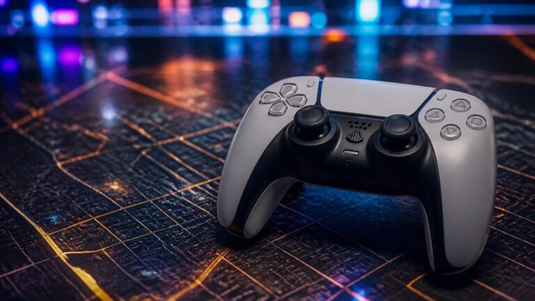 Controle de videogame sobre mapa de cidade virtual, representando GTA 6 e possível modo online.