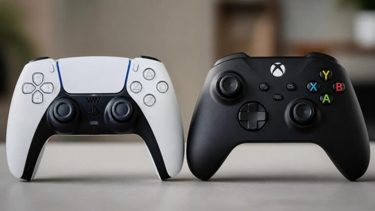 Controle de videogame PS5 e Xbox Series lado a lado representando diferenças entre gerações