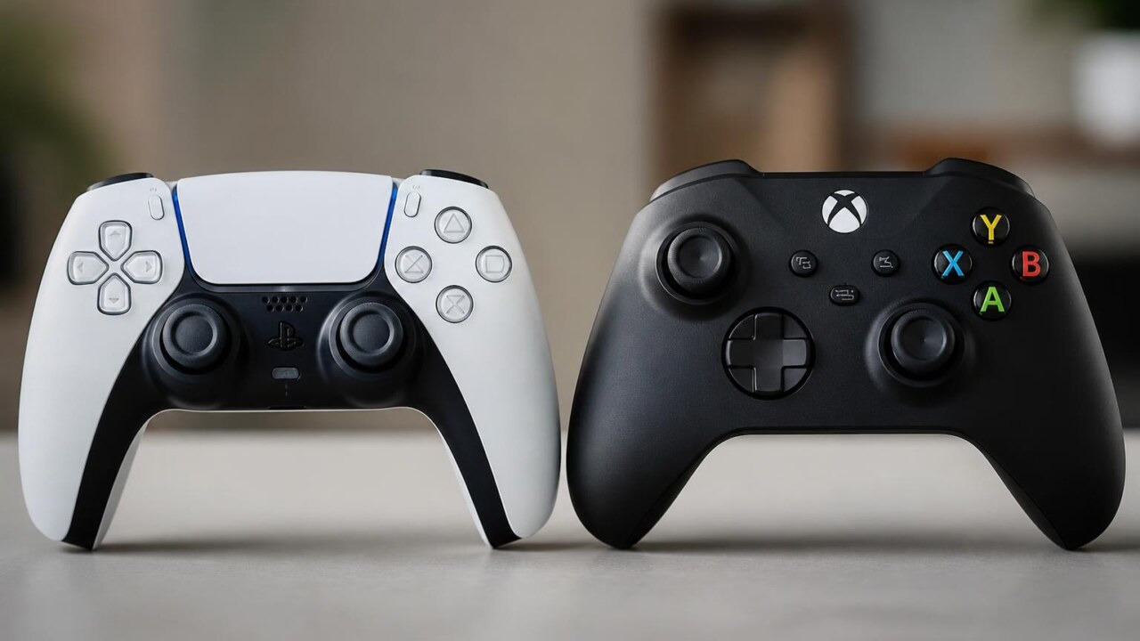 Controle de videogame PS5 e Xbox Series lado a lado representando diferenças entre gerações