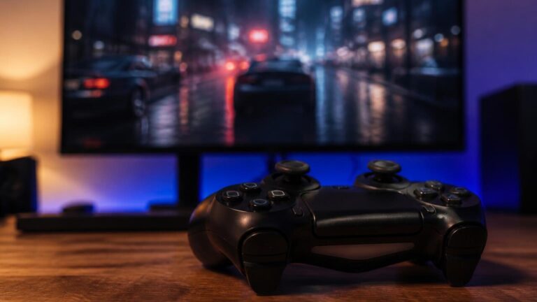 Controle de videogame sobre mesa com tela mostrando cidade de videogame ao fundo