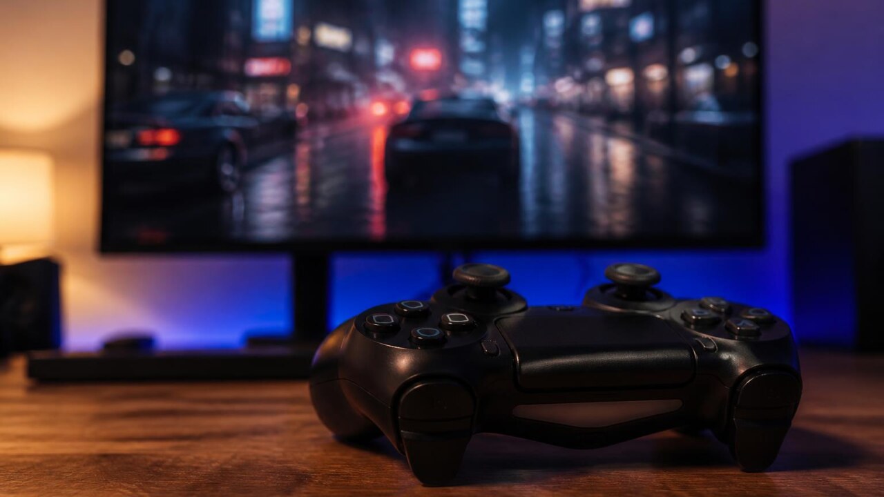 Controle de videogame sobre mesa com tela mostrando cidade de videogame ao fundo