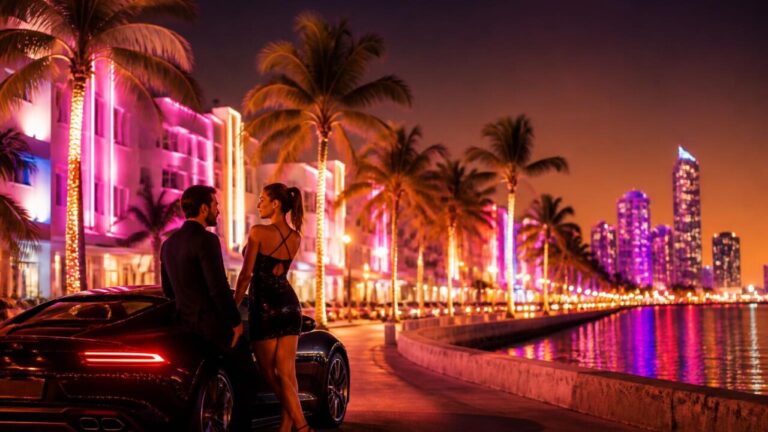 Cena urbana iluminada de Vice City com dois protagonistas em primeiro plano e carros à beira-mar em noite neon