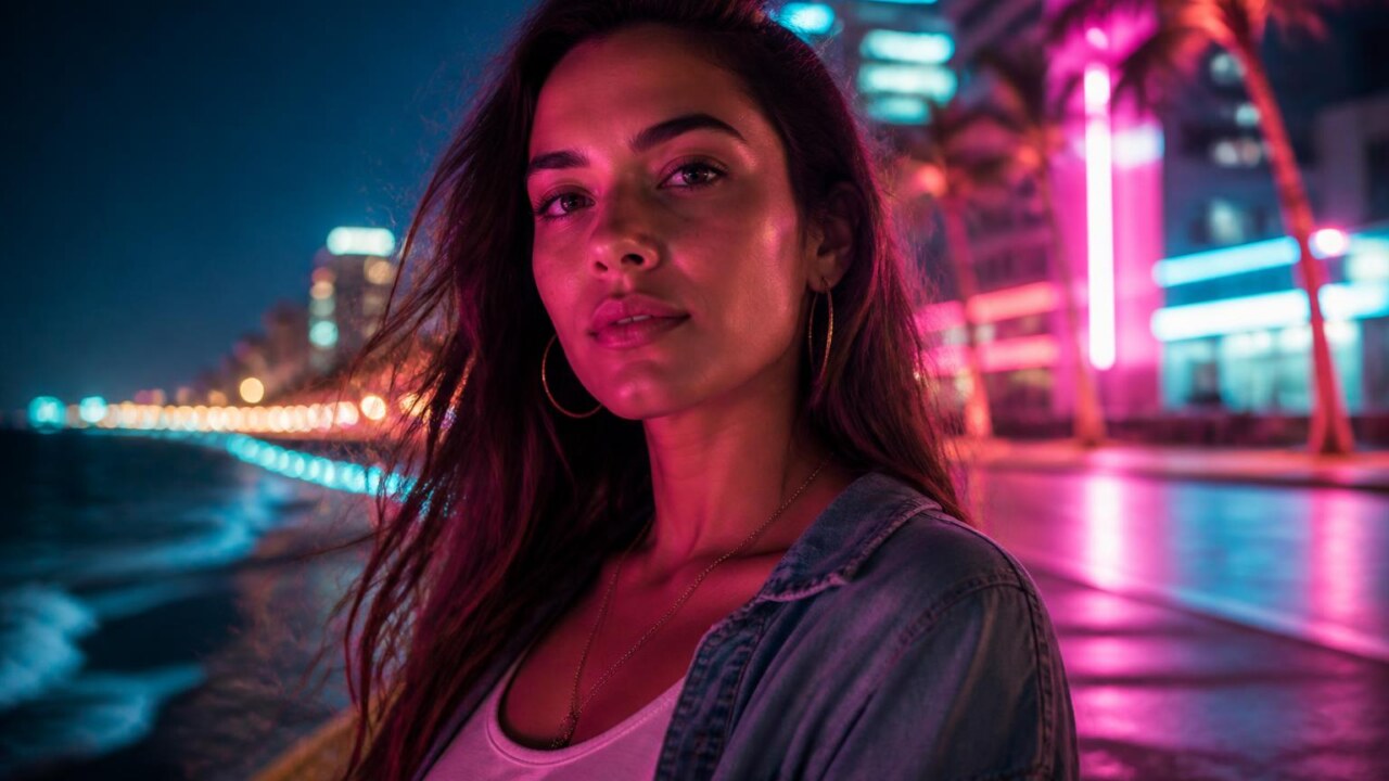 Retrato cinematográfico de uma protagonista feminina chamada Lucia, expressão determinada em cenário urbano noturno