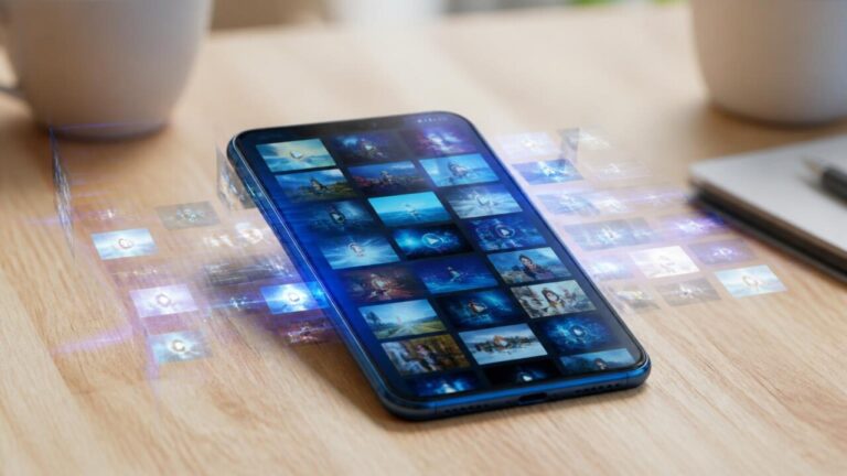 Smartphone moderno sobre uma mesa com ícones de aplicativos flutuando ao redor, representando multitarefa e memória RAM.