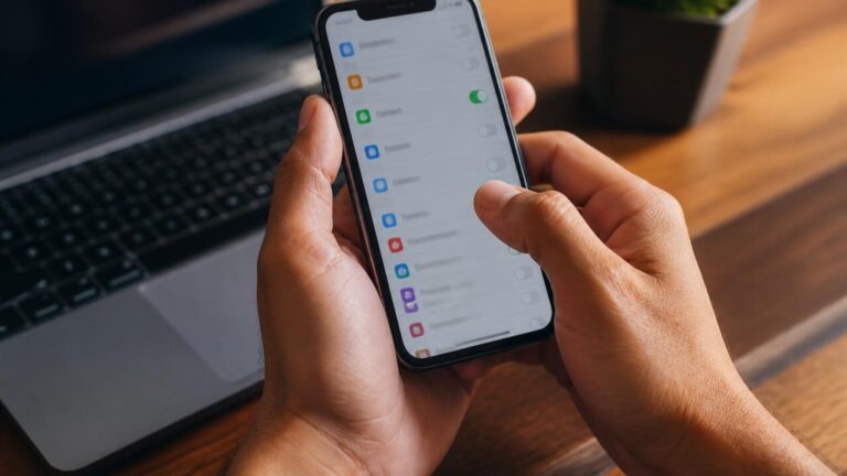 Pessoa segurando um smartphone com tela de configurações e ícones, simbolizando diagnóstico após atualização