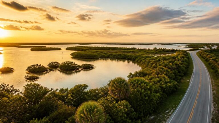 Praia costeira com manguezais, estrada litorânea e pequenas ilhas ao fundo ao entardecer
