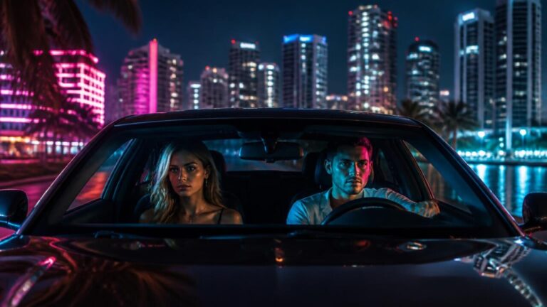 Cena noturna de cidade costeira com policial à distância e dois protagonistas em um carro, clima tenso e neon ao fundo