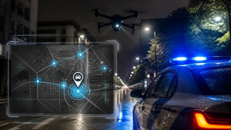 Viatura policial com drone sobrevoando uma rua à noite, mostrando mapa e dados em tela integrada