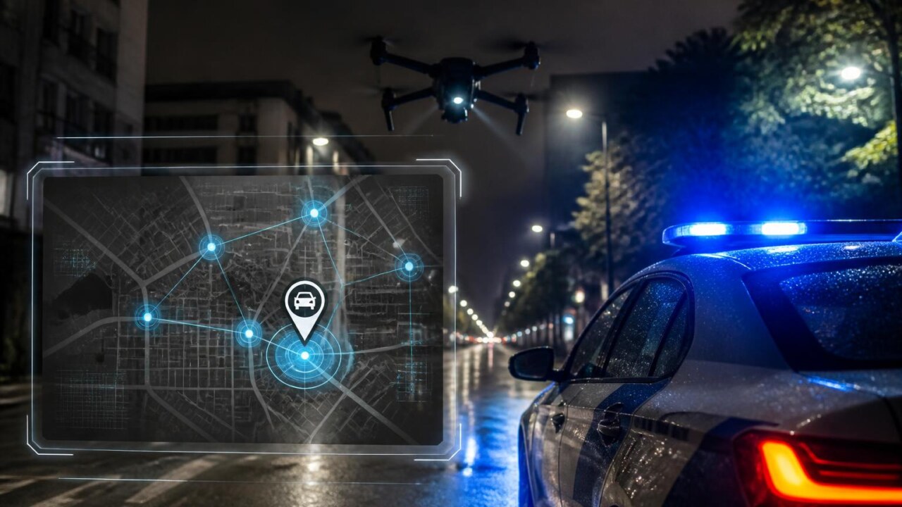 Viatura policial com drone sobrevoando uma rua à noite, mostrando mapa e dados em tela integrada