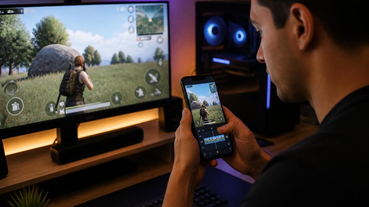 Criador de conteúdo editando um clipe de gameplay em smartphone, mostrando o vídeo vertical e trechos de gameplay no fundo.
