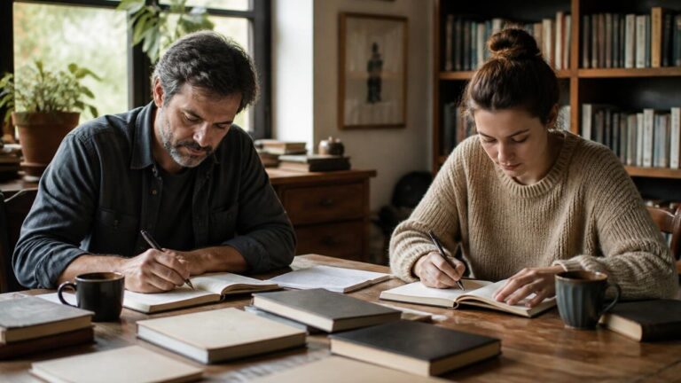 Dois escritores sentados de frente, cada um com um caderno aberto, luz morna e ambiente de trabalho criativo