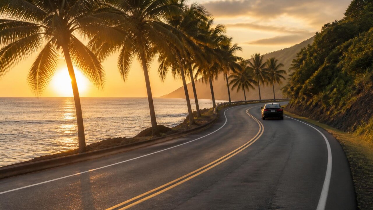 Estrada costeira com palmeiras e horizonte ao entardecer, representando estradas fora de Vice City