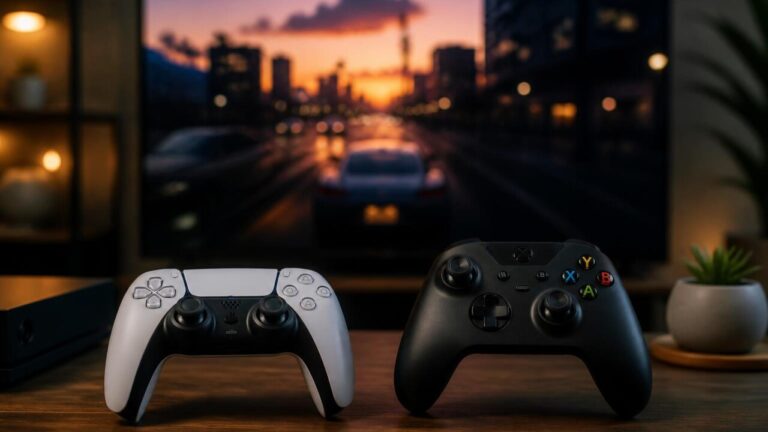Controle de videogame sobre superfície, com a tela de um console ao fundo mostrando a arte de um jogo