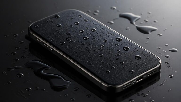 Celular com gotas de água sobre uma superfície refletiva mostrando resistência à água
