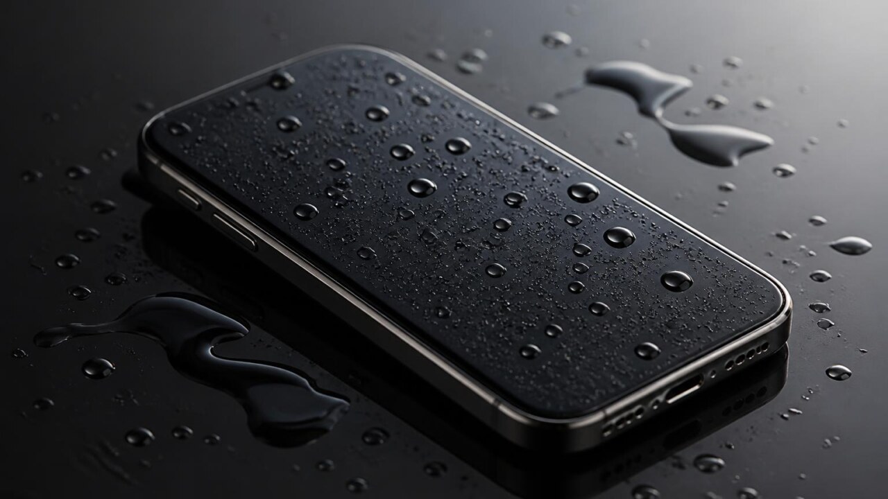 Celular com gotas de água sobre uma superfície refletiva mostrando resistência à água