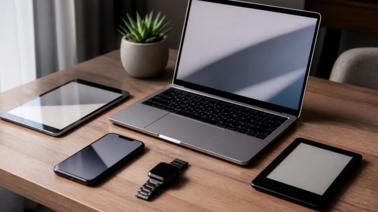 Vários dispositivos móveis sobre mesa: smartphone, tablet, smartwatch e notebook abertos.