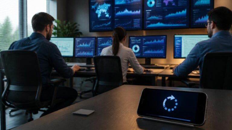 Equipe técnica monitorando gráfico de atualização em laptops e dispositivos móveis