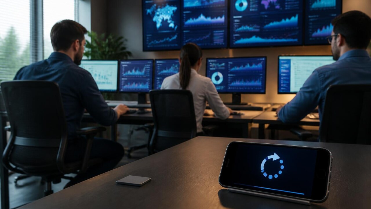 Equipe técnica monitorando gráfico de atualização em laptops e dispositivos móveis