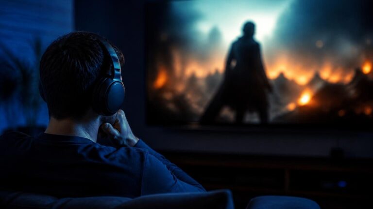 Pessoa assistindo trailer em tela grande com fones, cenas borradas ao fundo