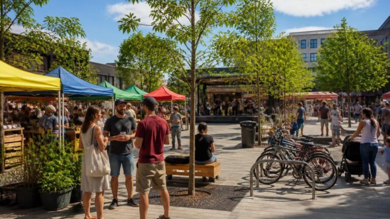 Pessoas interagindo em praça urbana moderna com feira e espaços de convivência