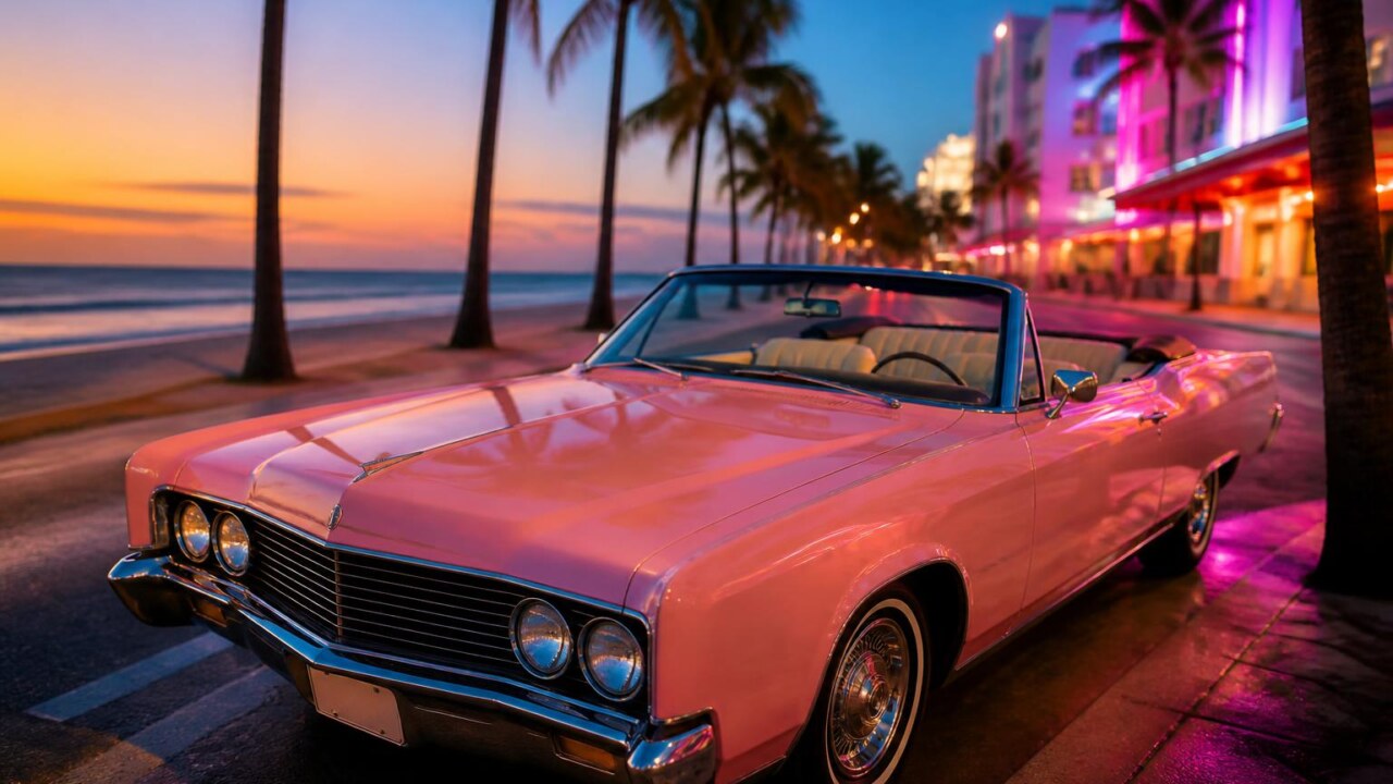 Carro conversível rosa pastel com luzes de néon ao entardecer à beira-mar