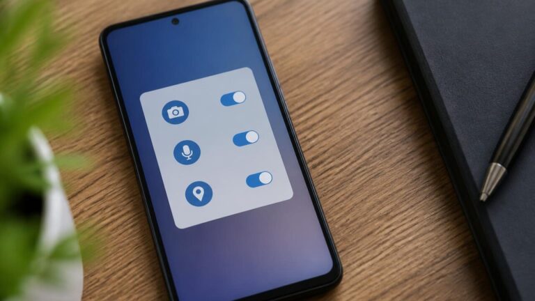 Smartphone exibindo tela de permissões de aplicativo com ícones de câmera, microfone e localização
