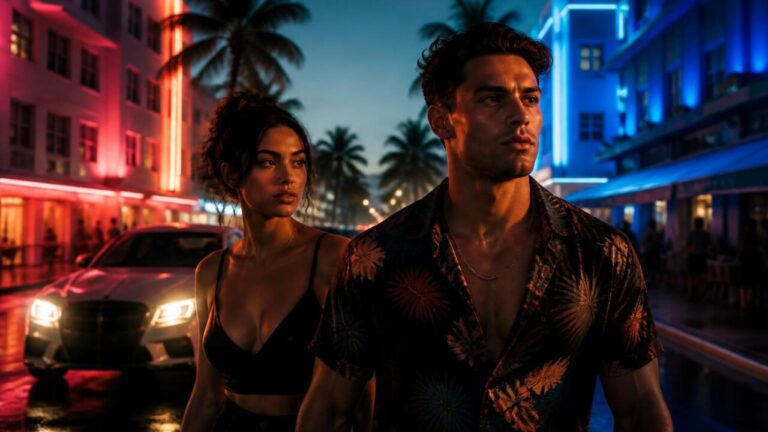 Imagem promocional estilizada mostrando dois protagonistas de GTA 6 em ambiente urbano neon de Vice City