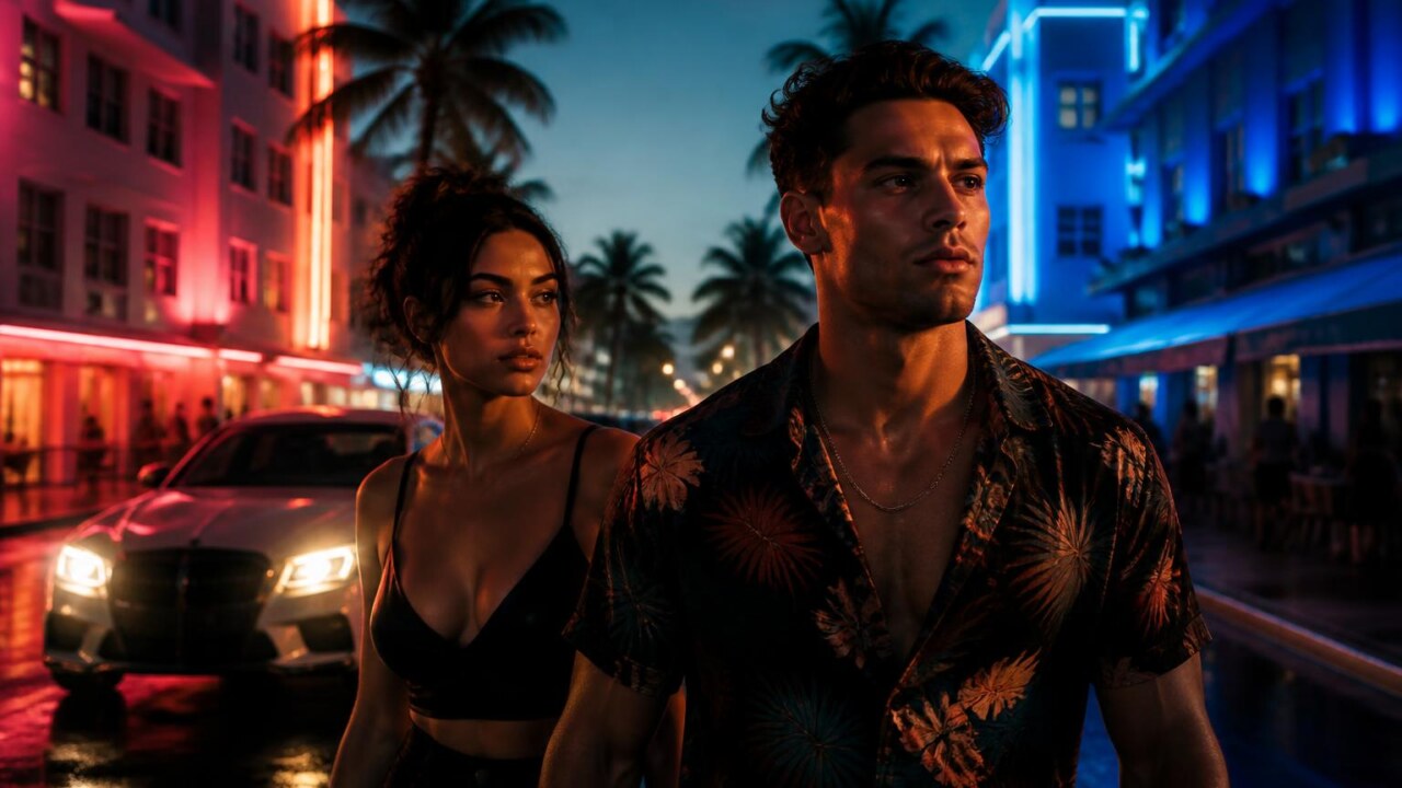 Imagem promocional estilizada mostrando dois protagonistas de GTA 6 em ambiente urbano neon de Vice City