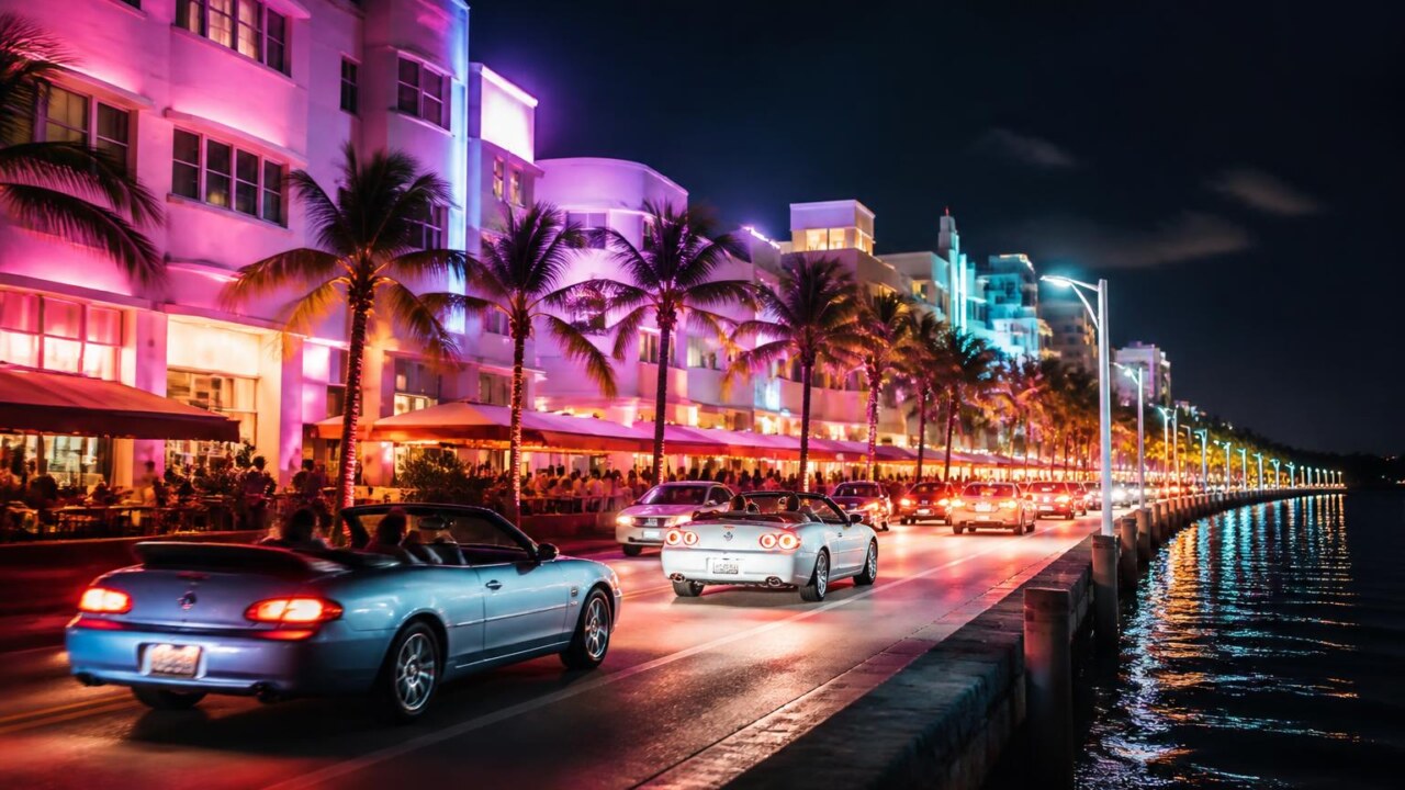Vista noturna de uma cidade costeira com palmeiras, neons e prédios art déco, inspirada em Miami