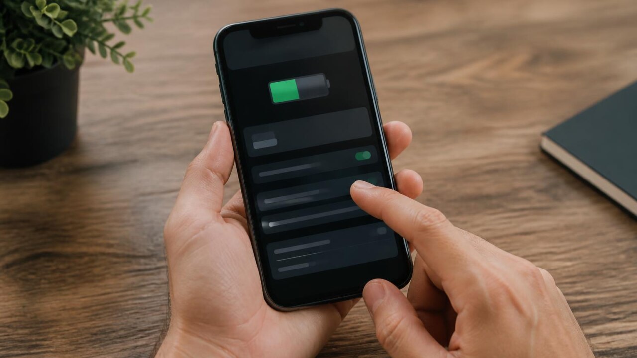 Pessoa verificando o uso de bateria em um smartphone em uma mesa