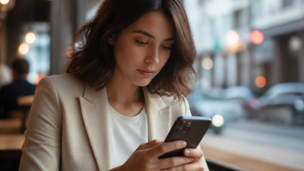 Pessoa usando smartphone com sinal de rede e ícones de nuvem ao fundo