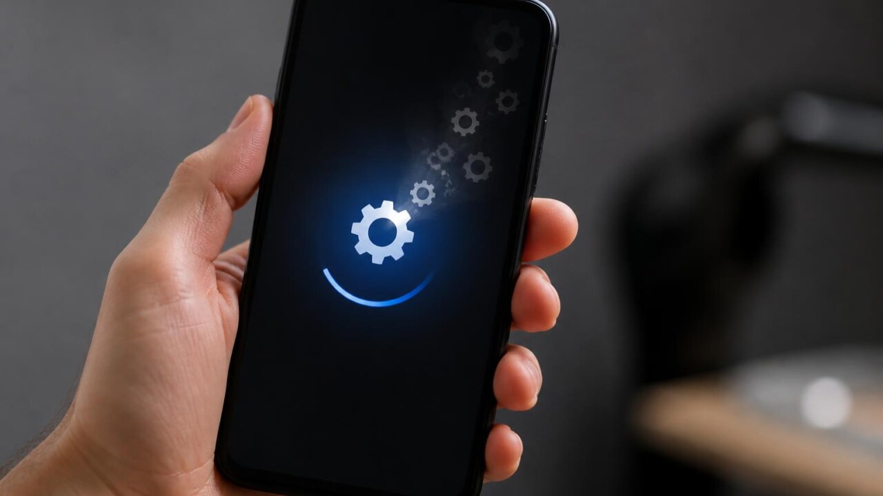 Mão segurando smartphone com tela de atualização de software, ícones desaparecendo gradualmente
