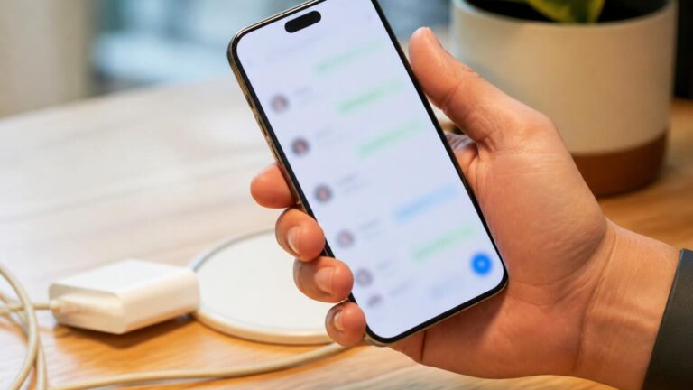 Mão segurando um smartphone levemente aquecido sobre uma mesa em ambiente interno.