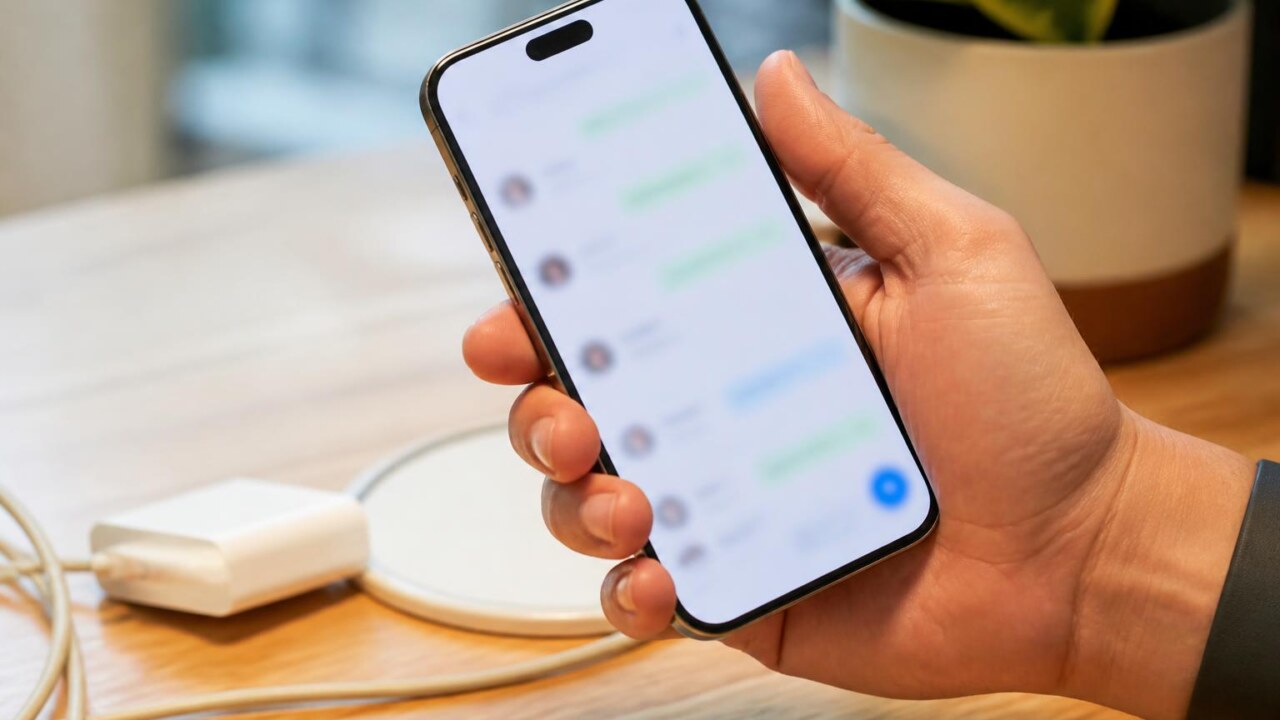 Mão segurando um smartphone levemente aquecido sobre uma mesa em ambiente interno.