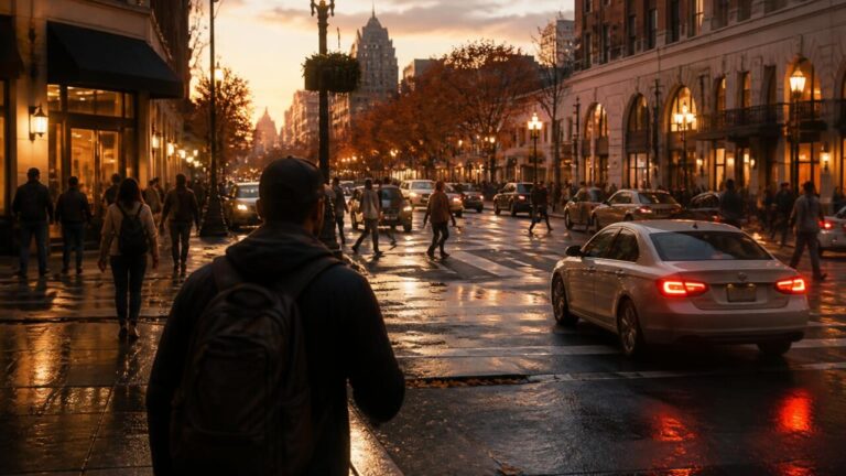 Cena realista de cidade de mundo aberto em jogo com pessoas, tráfego e luzes ao entardecer