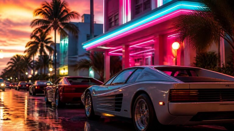 Rua neon em inspiração Miami anos 1980 com carros clássicos e mar ao fundo