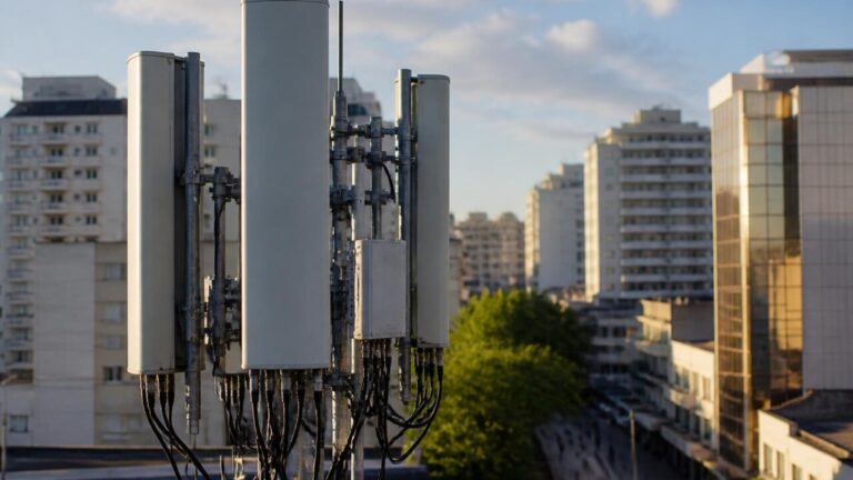 Antena de telefonia móvel urbana com prédios ao fundo e céu claro representando cobertura de sinal variável