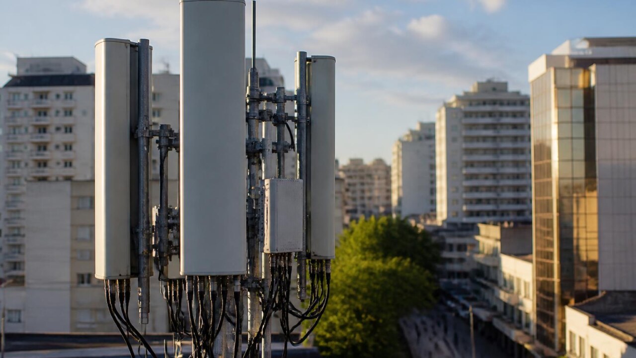 Antena de telefonia móvel urbana com prédios ao fundo e céu claro representando cobertura de sinal variável