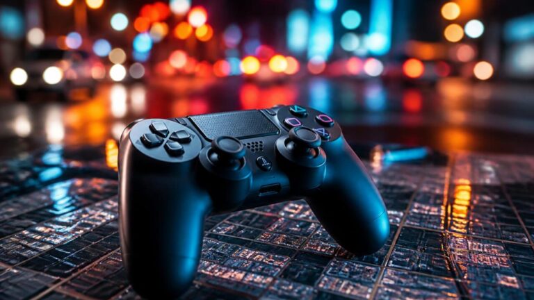 Controle de videogame sobre mapa estilizado de cidade, representando pré-venda de GTA 6