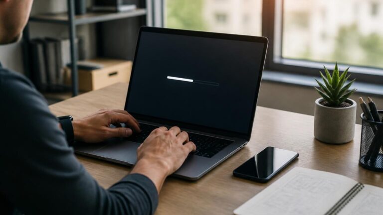 Pessoa atualizando o sistema em um laptop com tela mostrando progresso de atualização