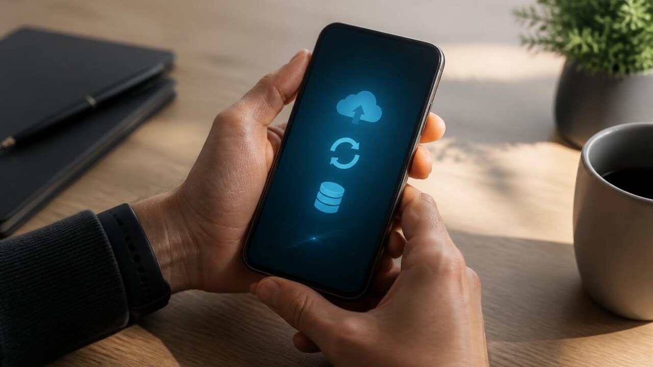 Pessoa segurando um celular em modo de restauração com ícones de backup ao fundo