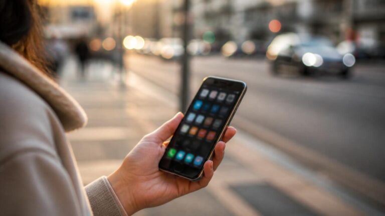 Pessoa segurando um smartphone com dois aplicativos na tela, simbolizando escolha entre versão completa e versão leve