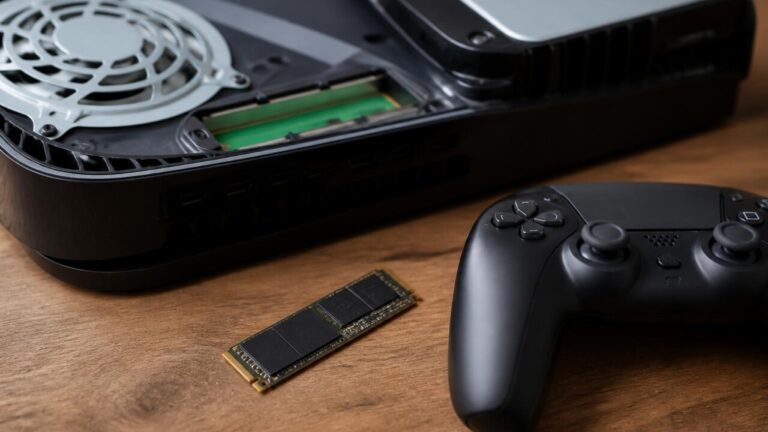 Controle de videogame sobre um SSD M.2 aberto, mostrando armazenamento e jogos digitais.