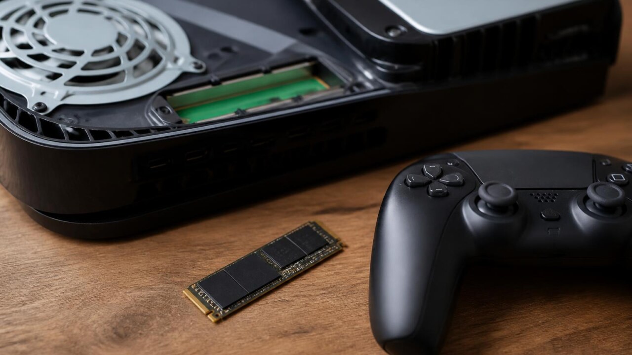 Controle de videogame sobre um SSD M.2 aberto, mostrando armazenamento e jogos digitais.